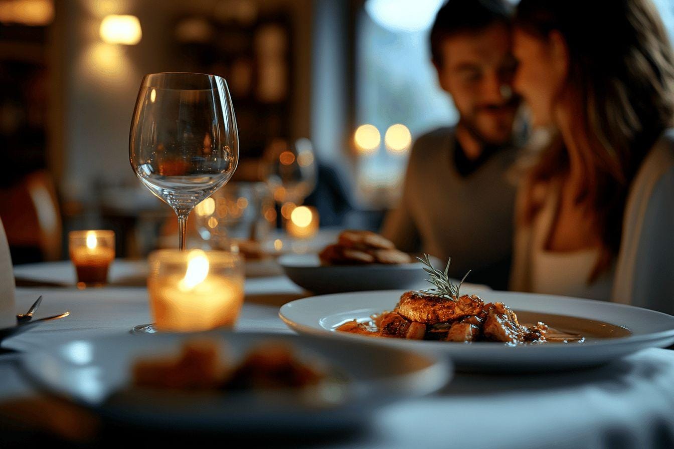 Table dressée pour un dîner romantique avec vue sur le lac d'Annecy au coucher du soleil