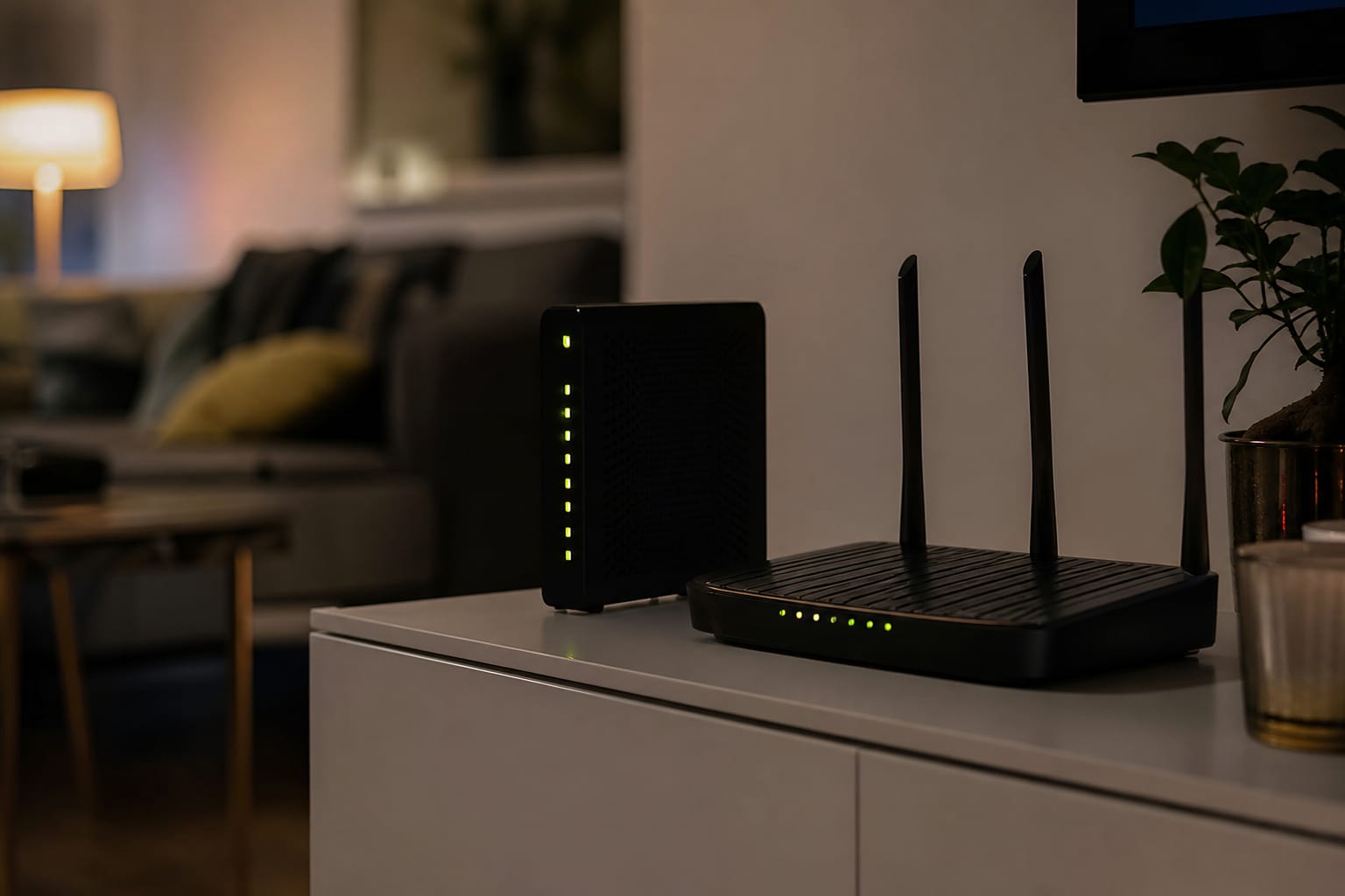 Box internet et routeur wifi posés sur un meuble de salon, voyants lumineux allumés, ambiance de soirée