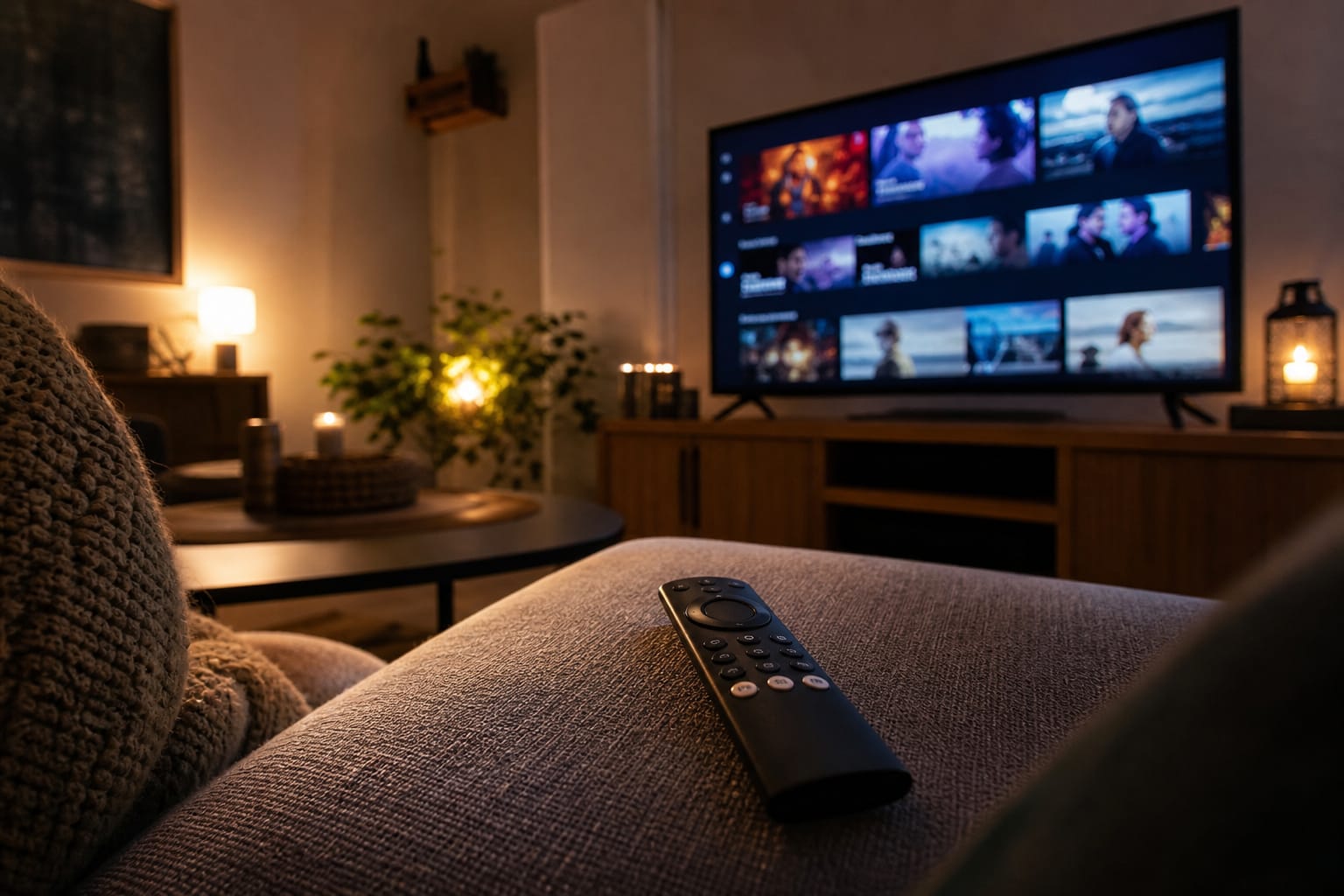 Télécommande posée sur un canapé face à un téléviseur affichant une interface de plateforme de streaming