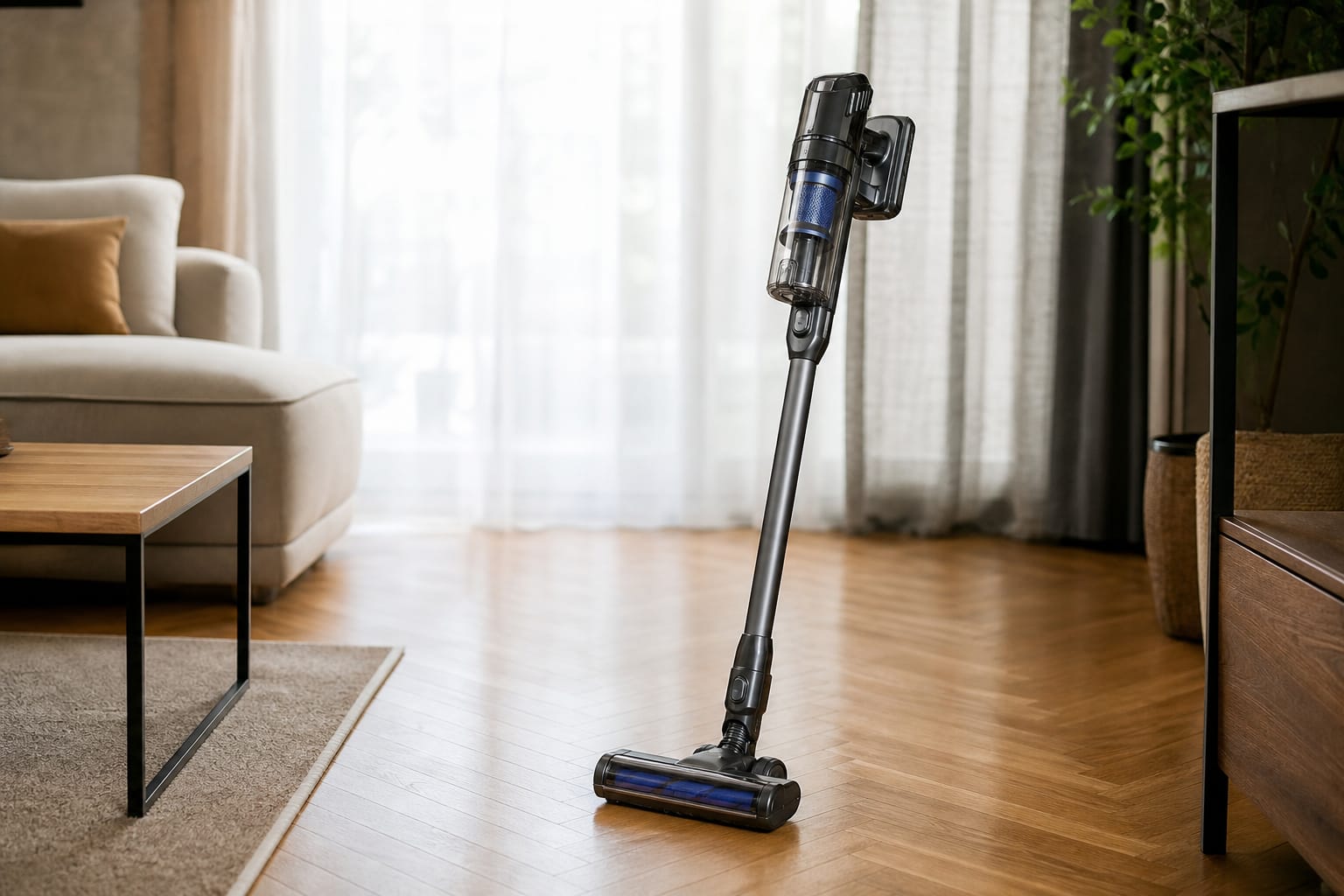 Aspirateur sans fil posé sur un parquet, réservoir et filtre visibles, salon en arrière-plan
