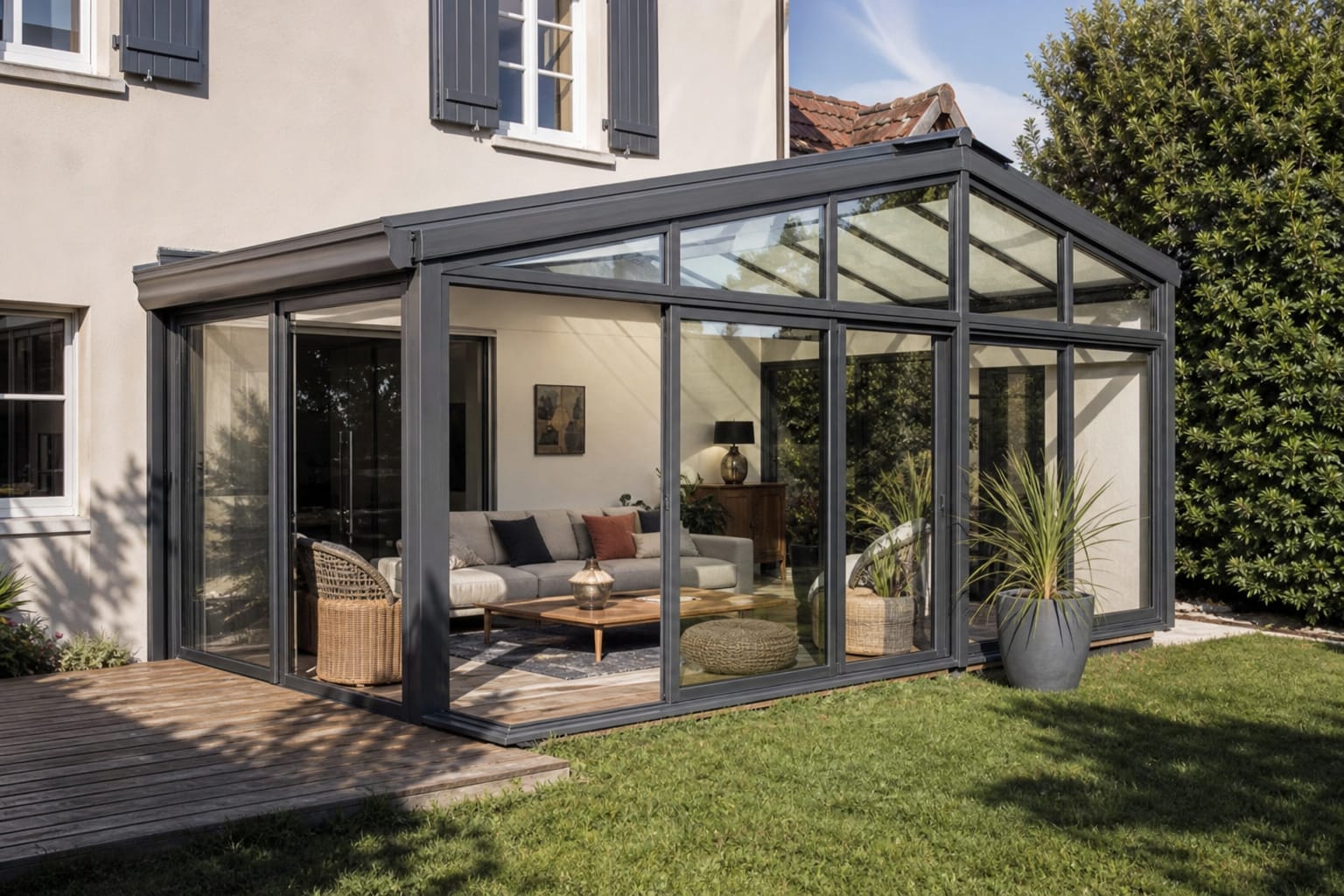 Véranda vitrée accolée à une maison, vue depuis le jardin par une journée ensoleillée