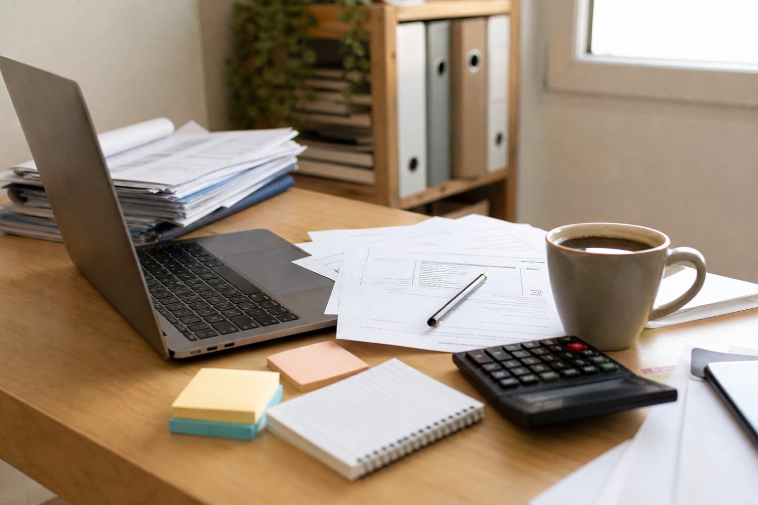 Bureau d'auto-entrepreneur avec ordinateur portable, factures et calculatrice, tasse de café posée à côté