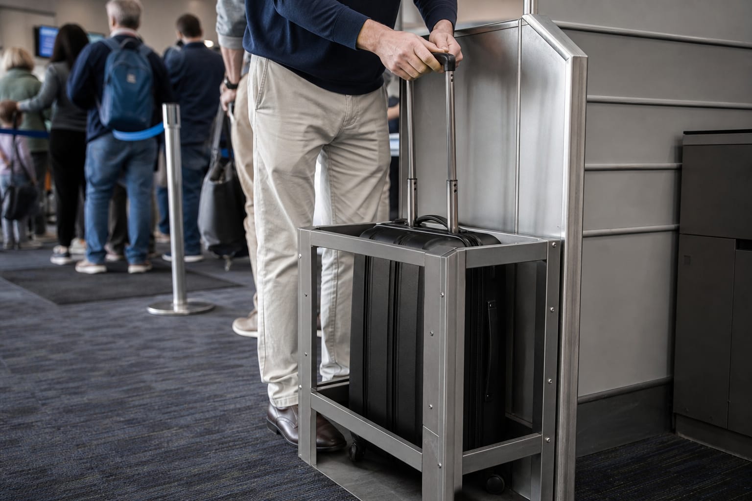 Voyageur glissant sa valise cabine noire dans un gabarit métallique de mesure à la porte d'embarquement d'un aéroport