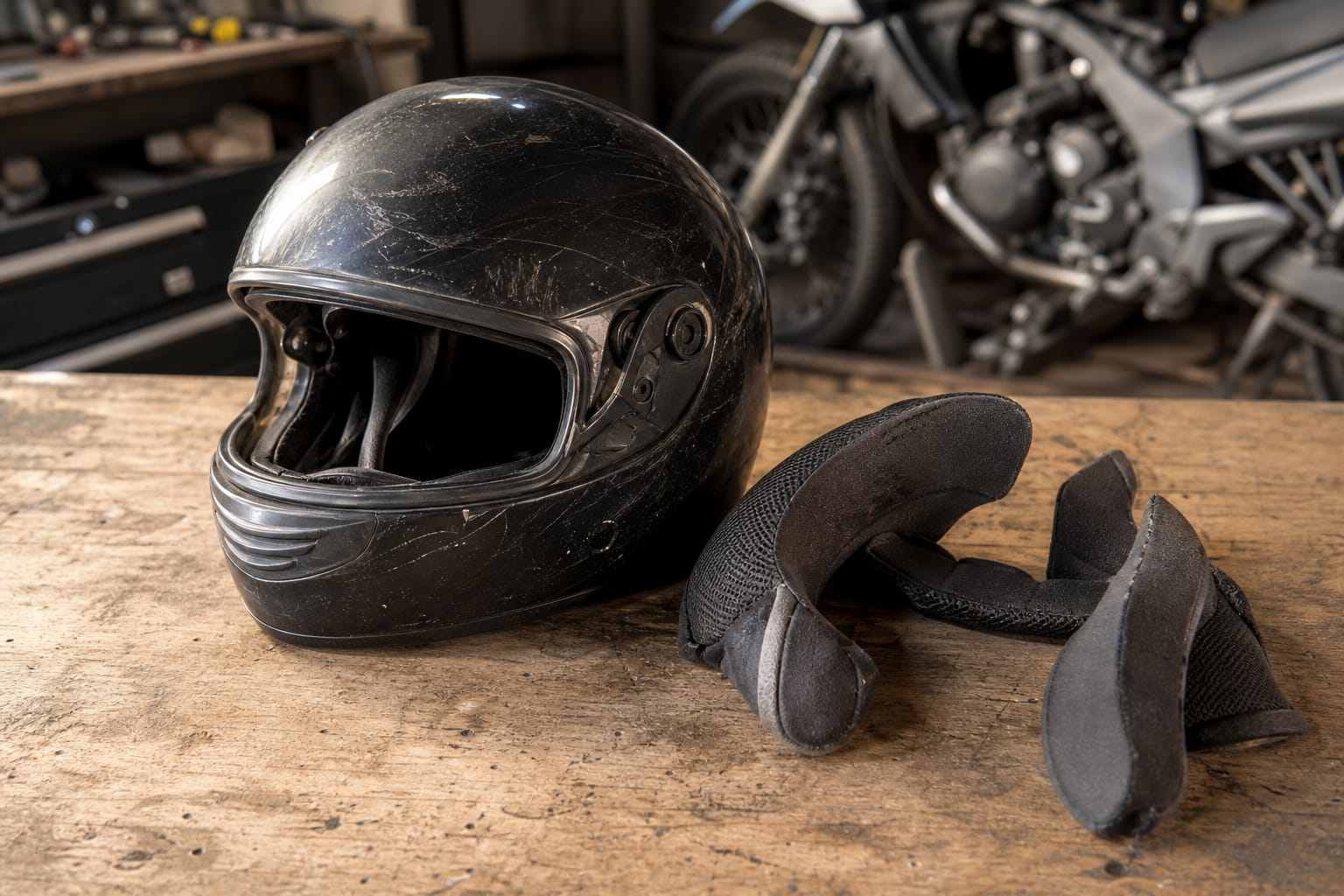 Casque moto intégral noir rayé posé sur un établi en bois, ses mousses intérieures retirées à côté, une moto floue en arrière-plan