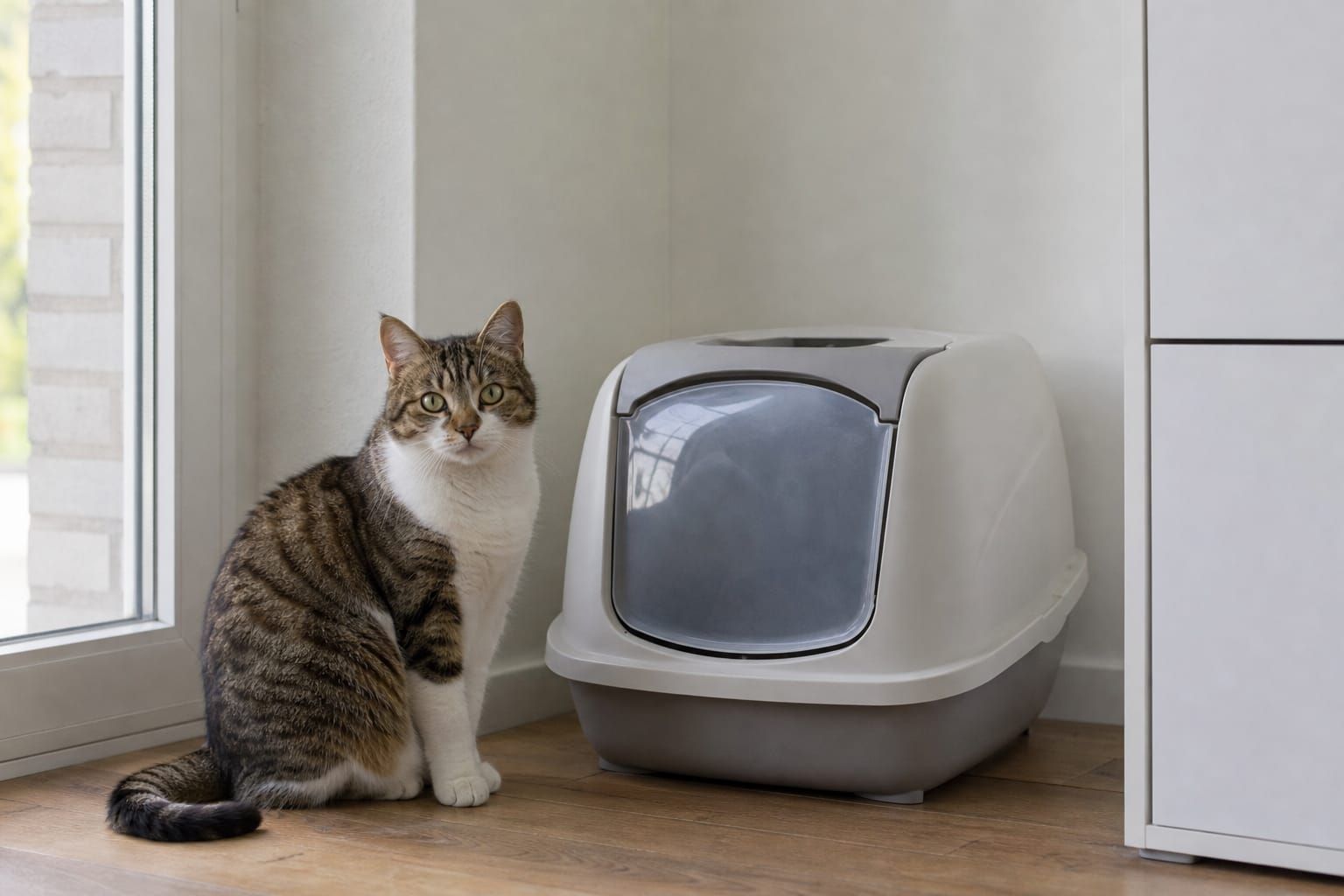 Chat assis à côté de sa litière posée dans un coin d'appartement, lumière naturelle douce