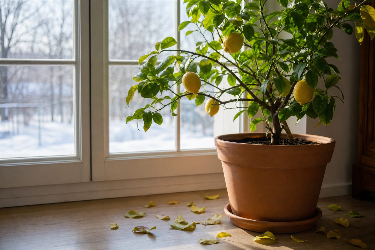 Citronnier en pot près d'une fenêtre en hiver, quelques feuilles jaunies tombées au sol autour du pot
