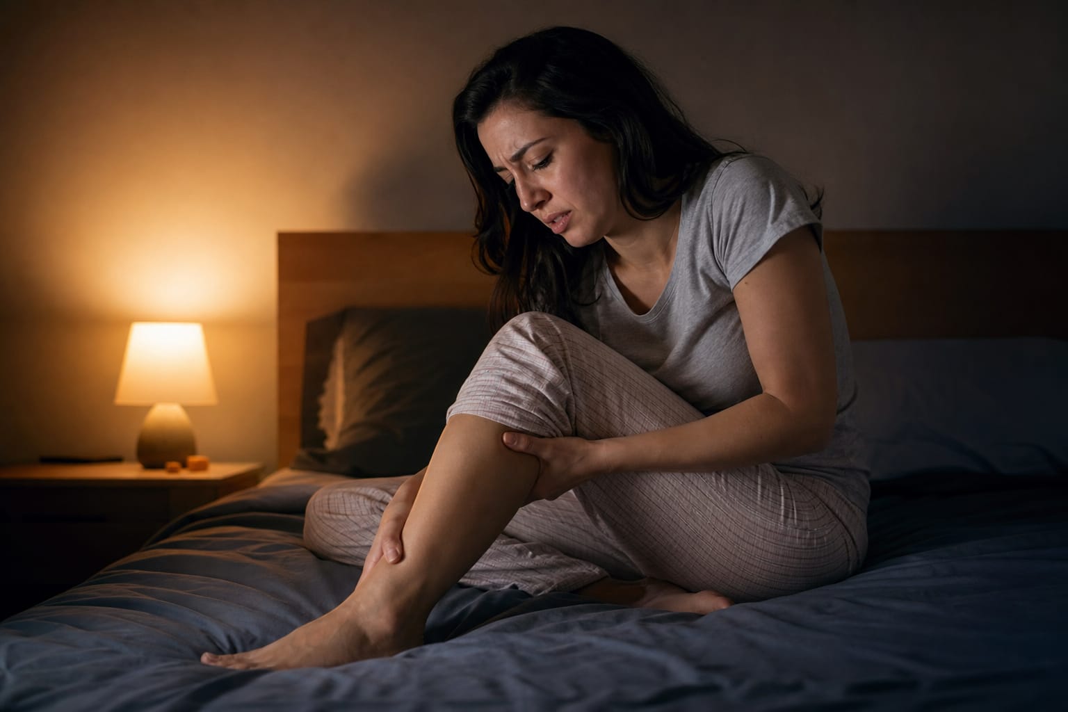 Personne assise dans son lit la nuit, une main posée sur le mollet, lampe de chevet allumée dans une chambre sombre