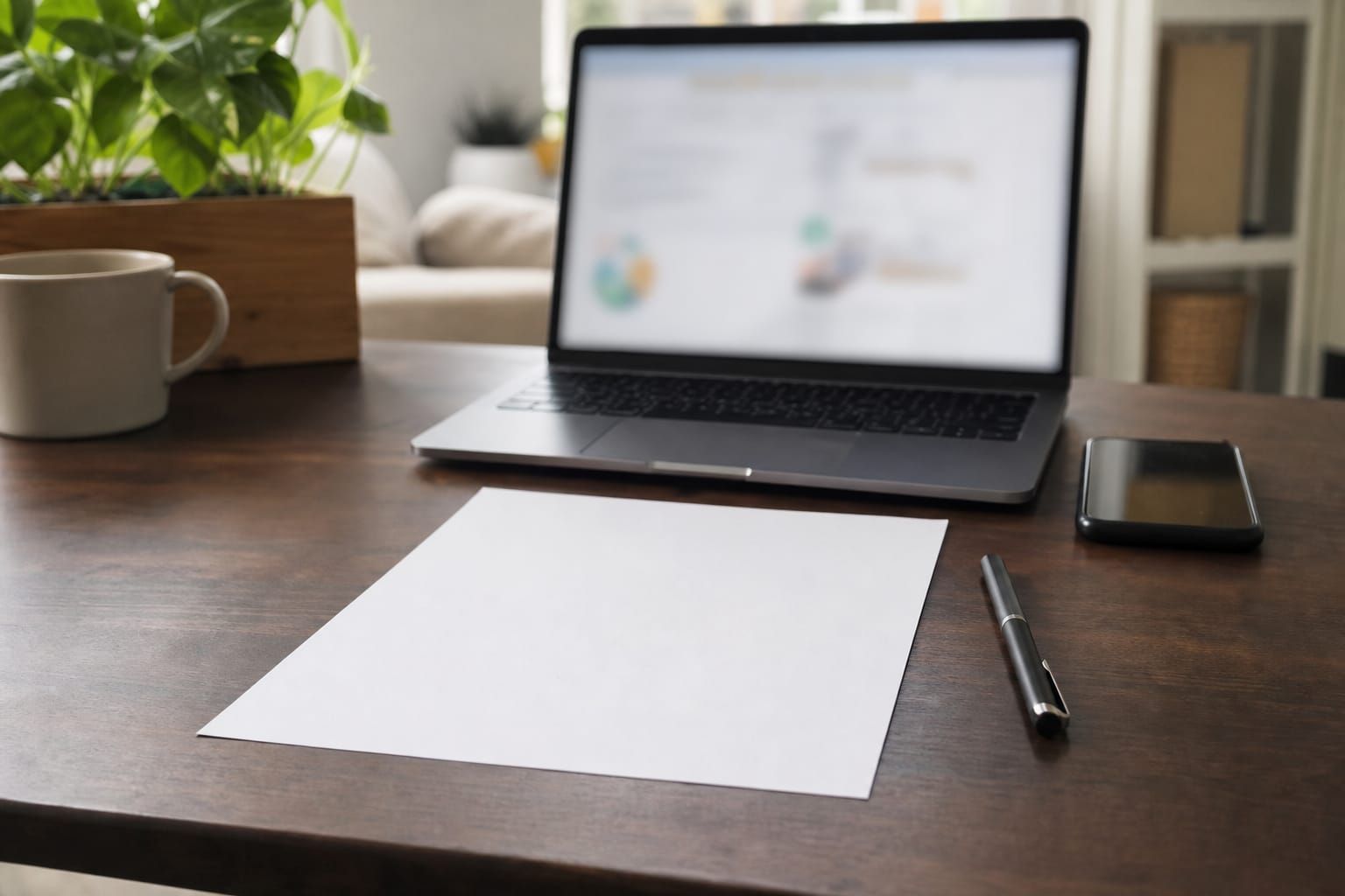 Bureau d'auto-entrepreneur avec une facture imprimée, un ordinateur portable et un téléphone posés côte à côte
