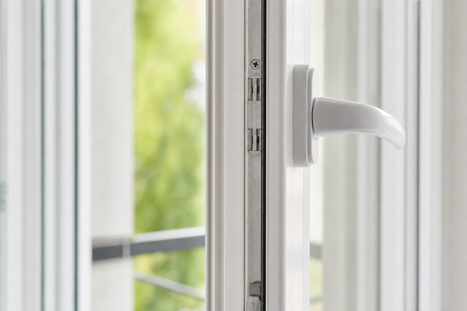 Fenêtre en PVC blanc entrouverte dans un intérieur, poignée et mécanisme de fermeture visibles en gros plan