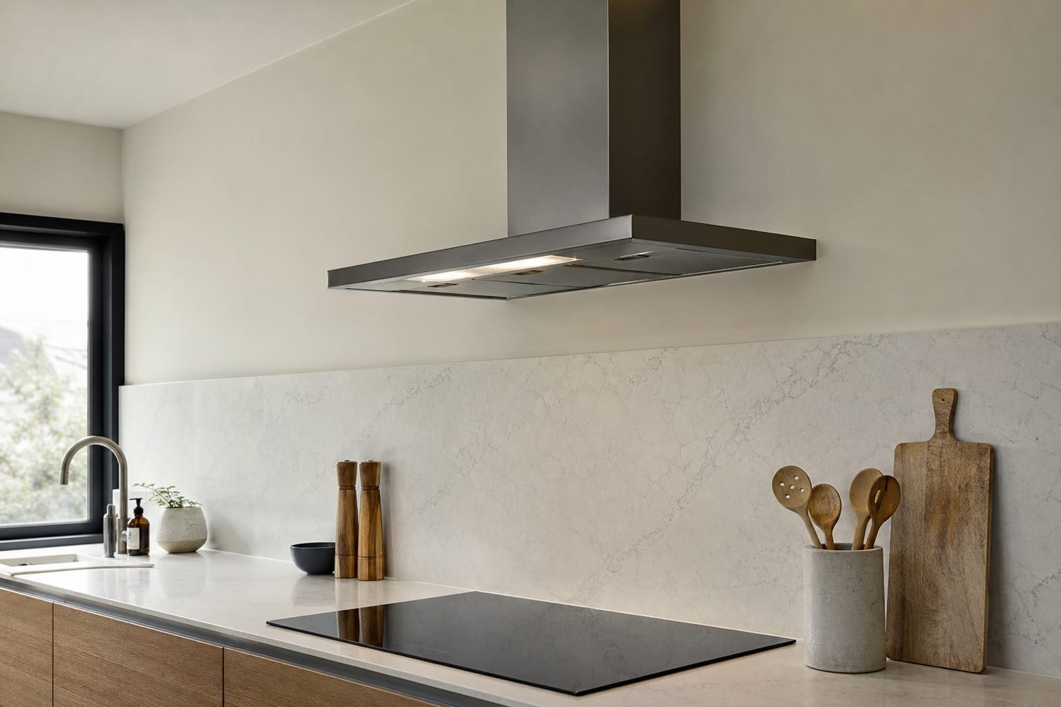 Hotte de cuisine aspirante installée au-dessus d'une plaque de cuisson dans une cuisine moderne