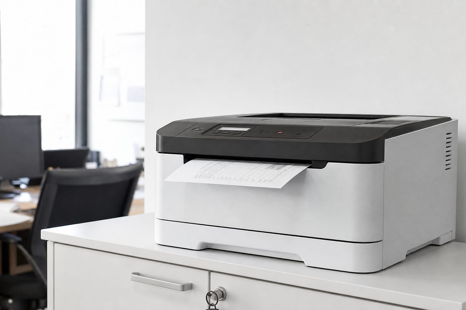 Imprimante laser de bureau posée sur un meuble, feuille de papier en cours d'impression visible
