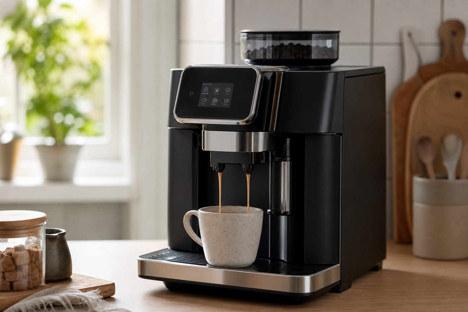 Machine à café à grains posée sur un plan de travail de cuisine, tasse de café en train de couler