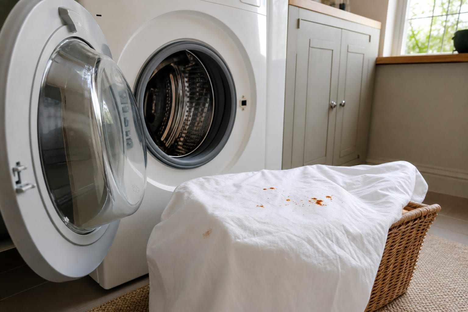 Linge blanc taché de petites marques orangées posé à côté d'un lave-linge ouvert