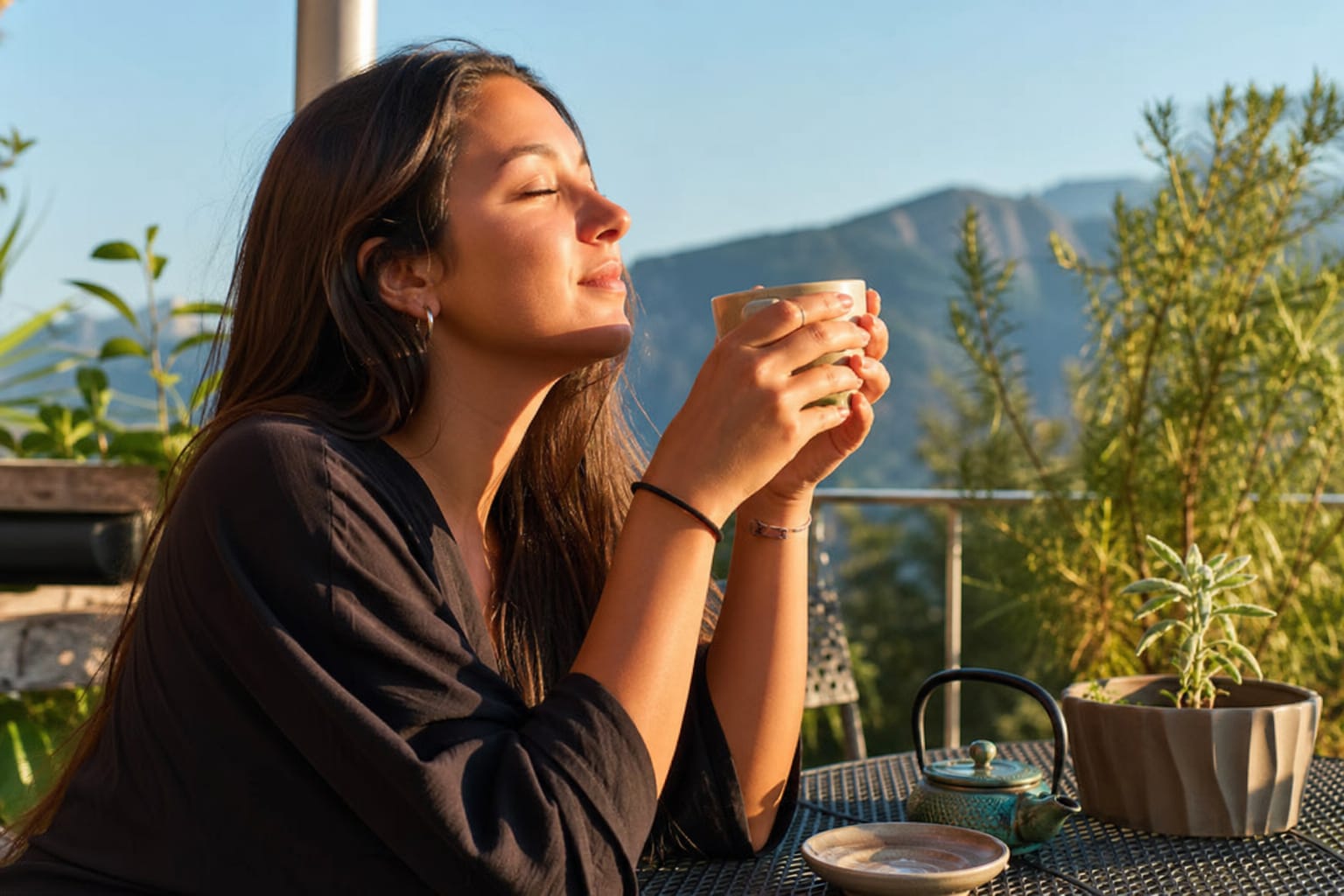 Personne tenant une tasse chaude entre ses mains en extérieur par une journée ensoleillée d'été
