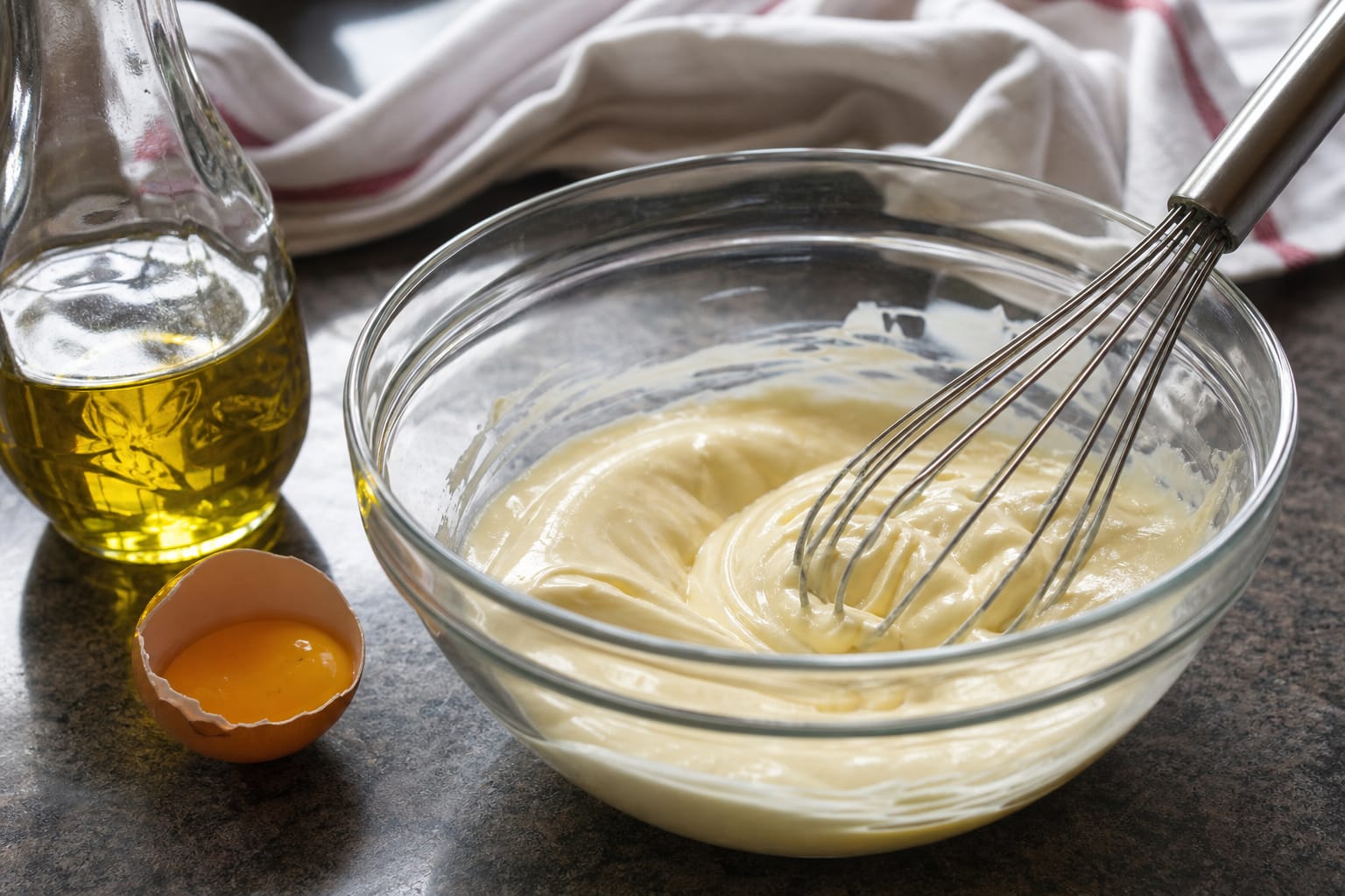 Mayonnaise maison onctueuse dans un saladier en verre avec un fouet, une bouteille d'huile et une coquille d'oeuf contenant un jaune à côté