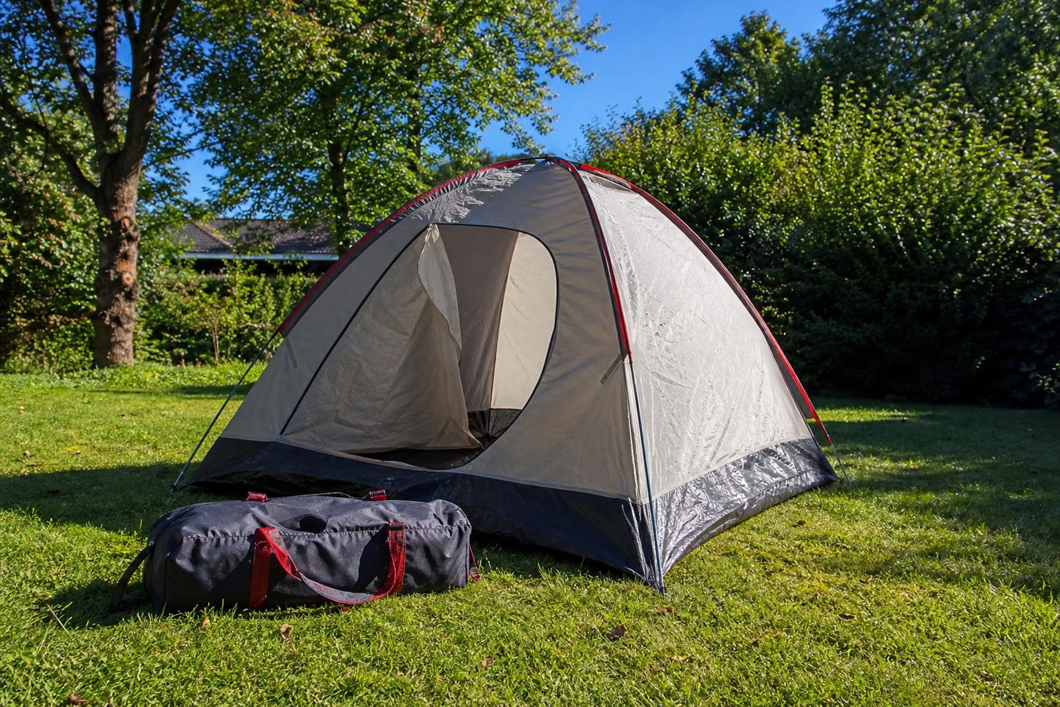 Tente de camping dépliée en extérieur au soleil, séchant sur une pelouse, sac de rangement posé à côté