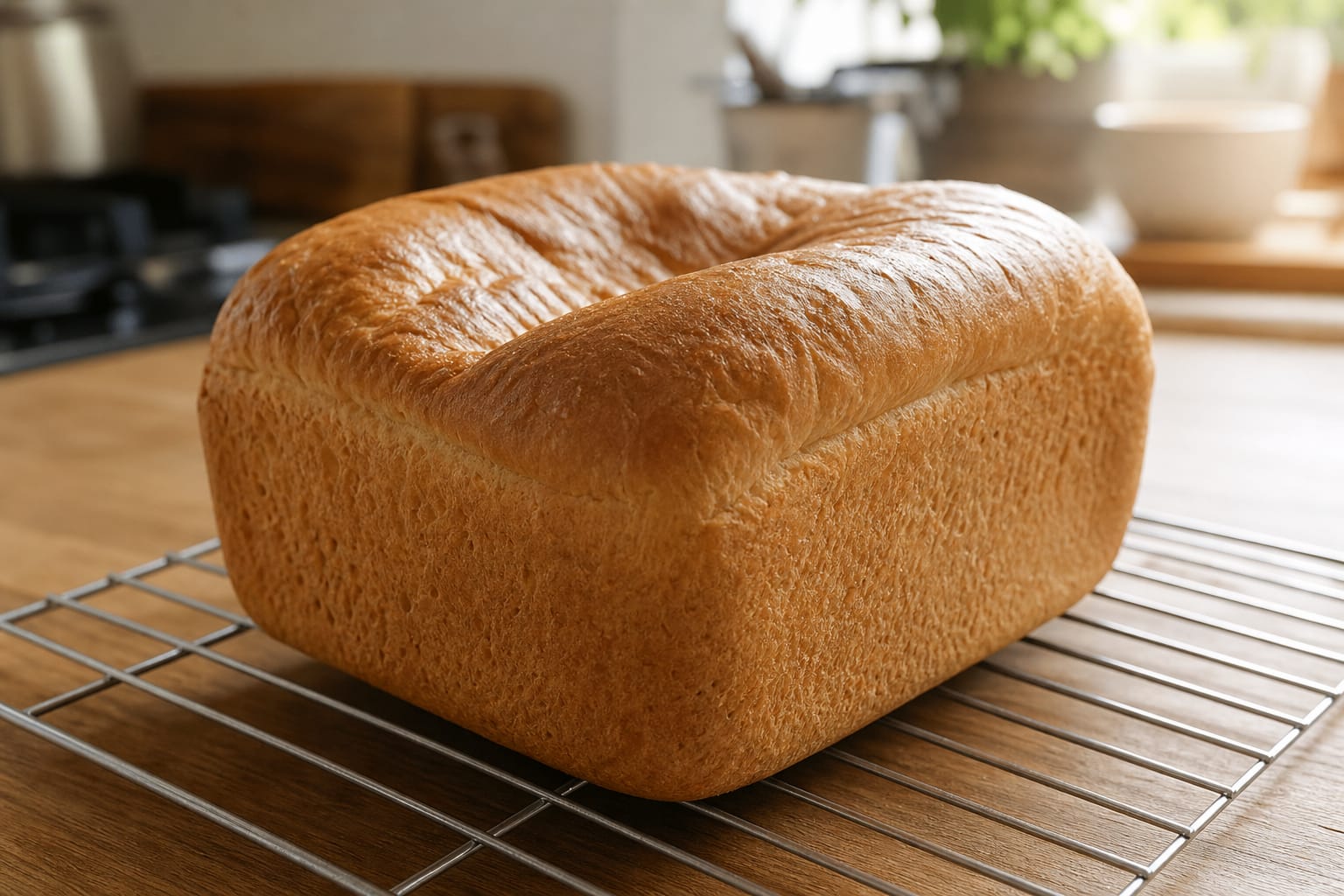 Pain de mie maison légèrement affaissé sur le dessus, posé sur une grille de refroidissement dans une cuisine