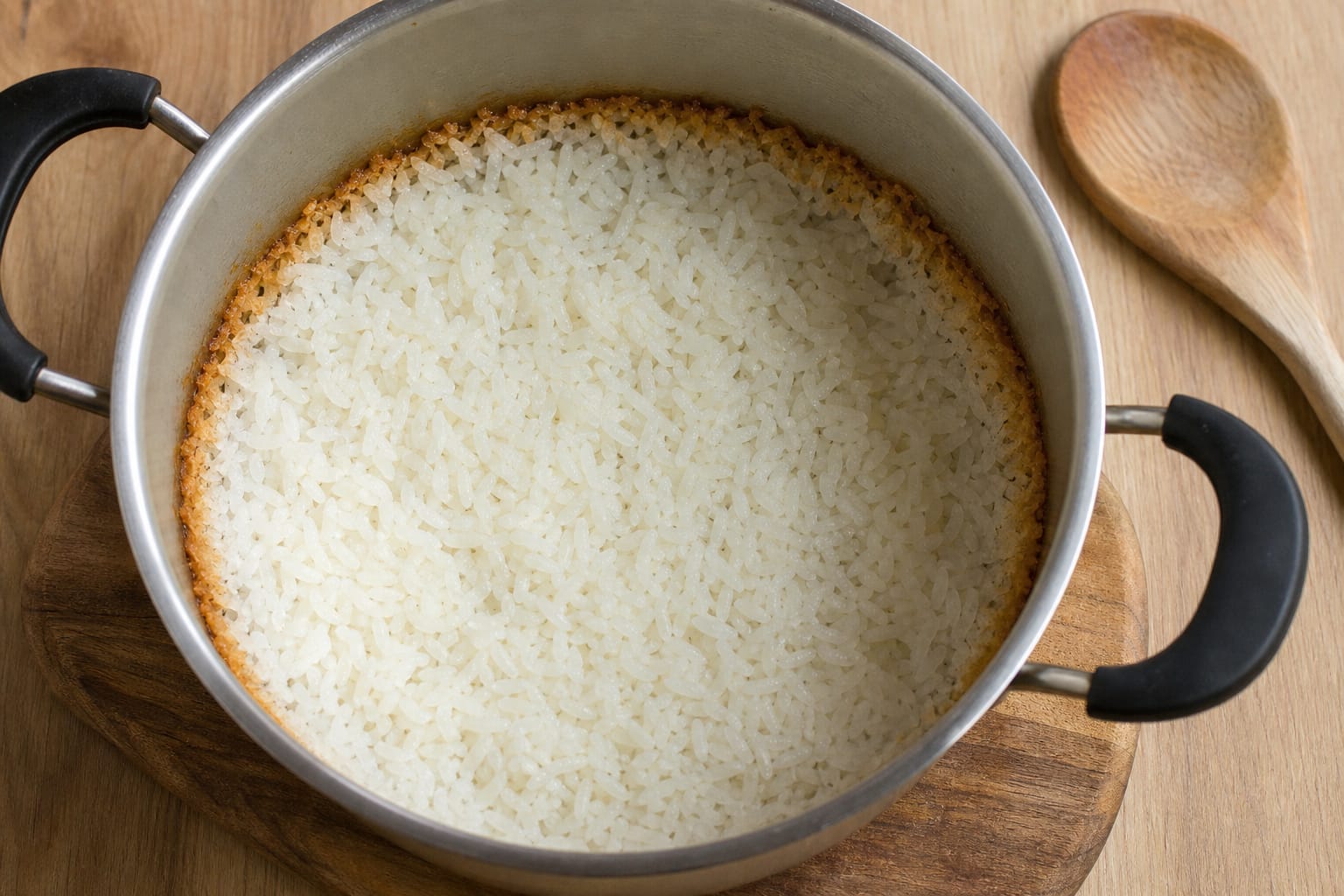 Casserole de riz blanc cuit, une partie légèrement collée au fond visible, cuillère en bois posée à côté