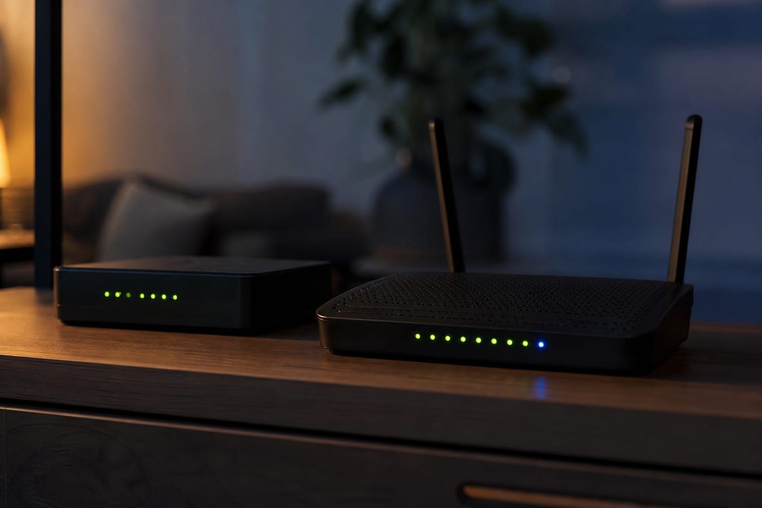 Box internet et routeur wifi posés sur un meuble dans un salon, voyants lumineux allumés dans la pénombre