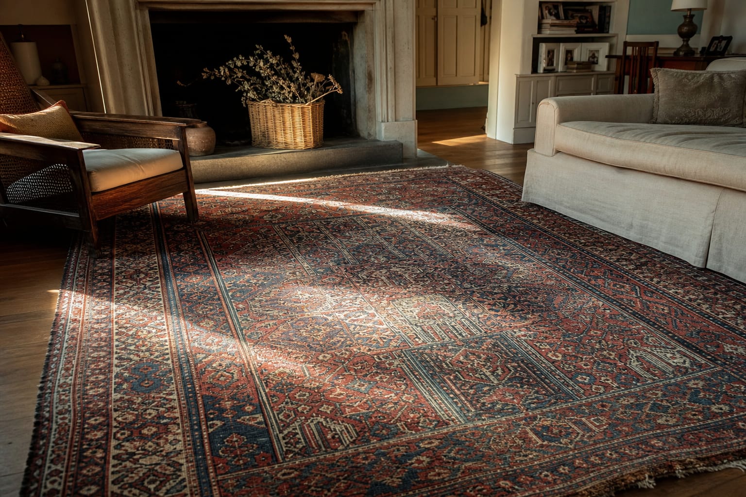 Tapis en laine ancien posé au sol d'un salon, motifs légèrement passés, lumière naturelle traversant une fenêtre