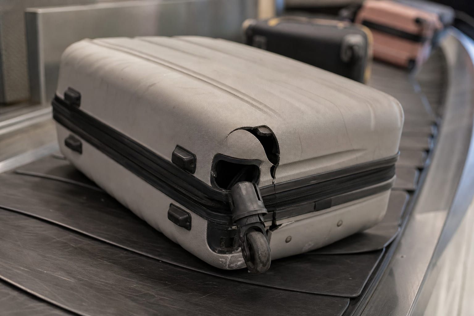Valise cabine avec une roue endommagée posée sur un tapis à bagages dans un aéroport