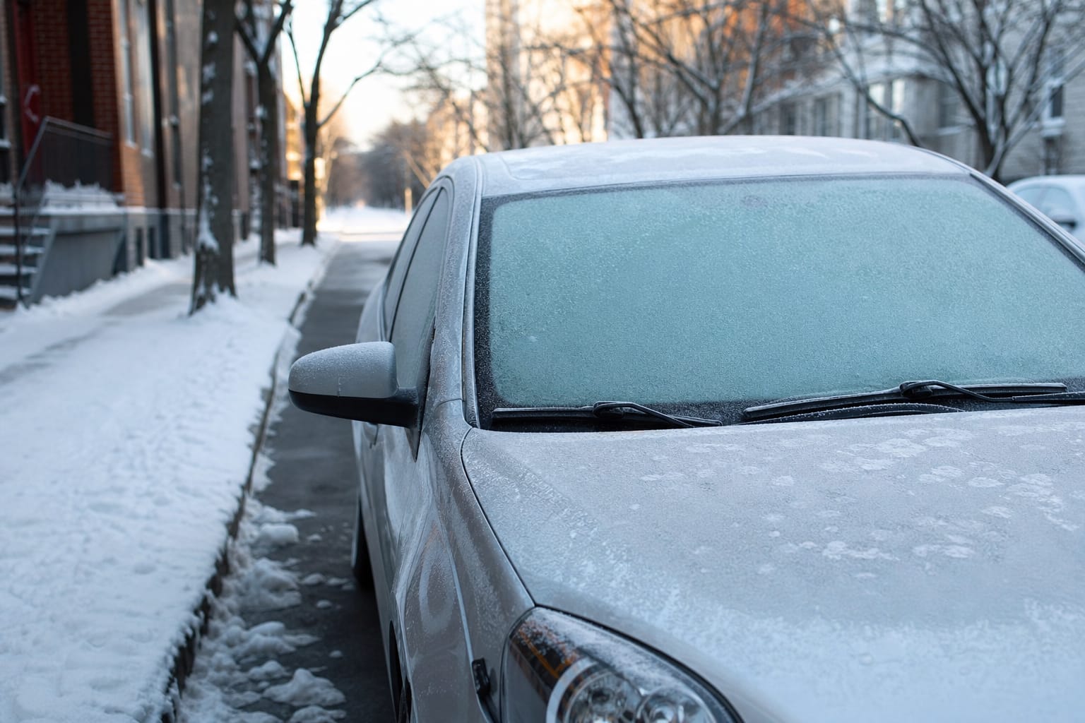 Voiture garée dans une rue enneigée en hiver, pare-brise légèrement givré, jauge de carburant visible à travers la vitre