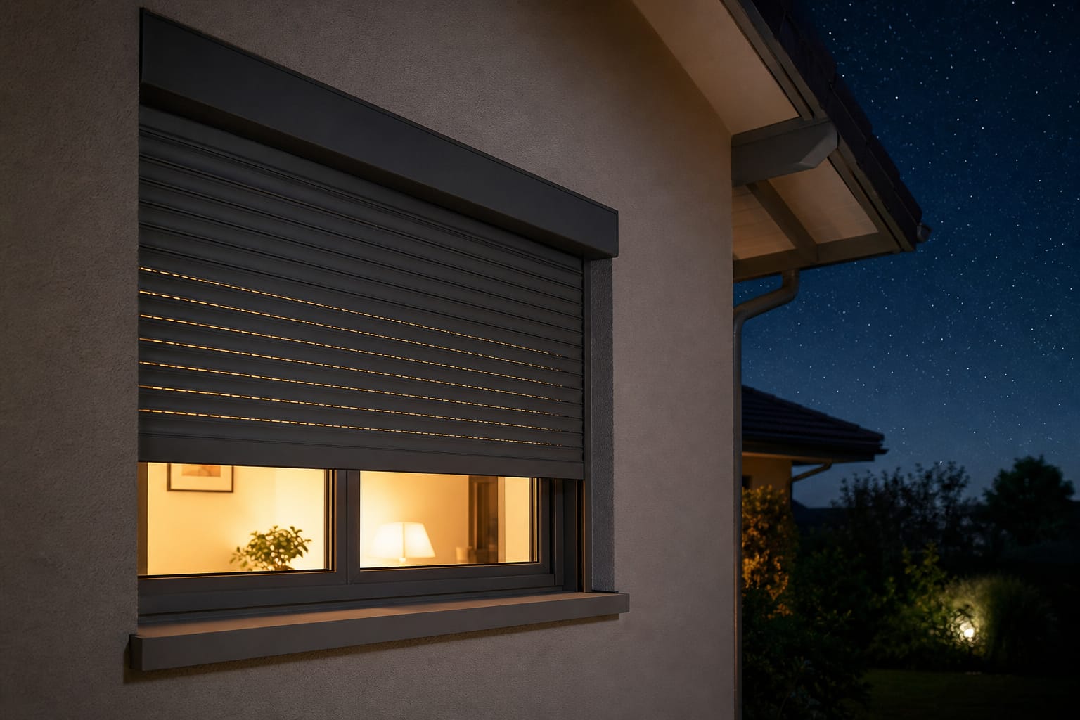 Volet roulant électrique gris installé sur une fenêtre de maison, vue de nuit avec un éclairage intérieur allumé