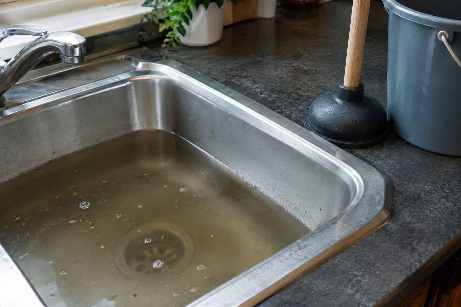 Évier en inox rempli d'eau trouble qui s'évacue lentement, avec une ventouse et un seau posés sur le plan de travail