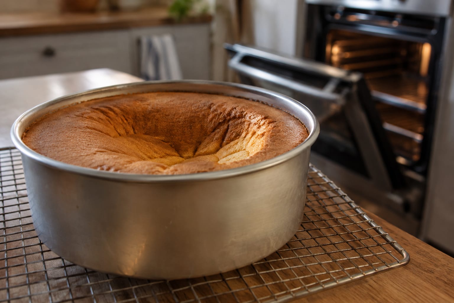 Gâteau maison affaissé au centre, refroidissant dans son moule rond sur une grille, devant un four à la porte entrouverte