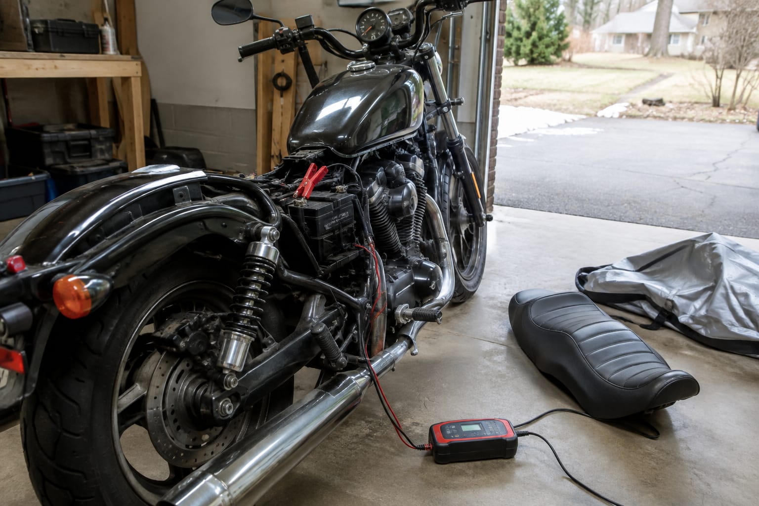 Moto garée dans un garage avec la selle retirée et un chargeur de batterie branché, la housse d'hivernage pliée au sol