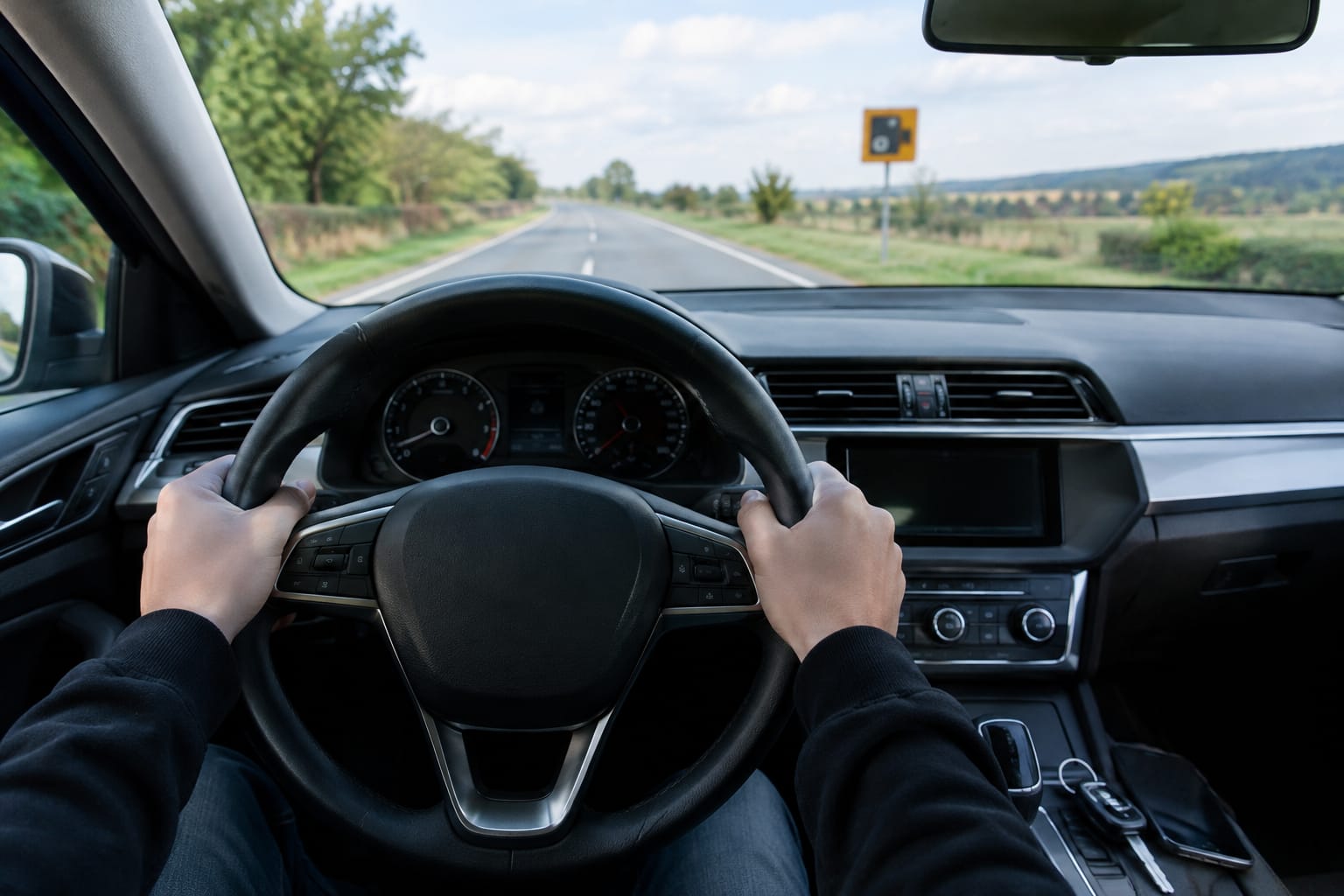 Vue depuis le siège conducteur d'une voiture sur une route de campagne, mains sur le volant et panneau de radar au loin